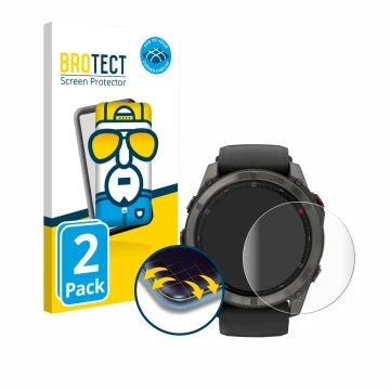 Front side of a product packaging with the brand logo BROTECT. Next to it is the device Garmin Fenix 8 Pro AMOLED (51 mm) show