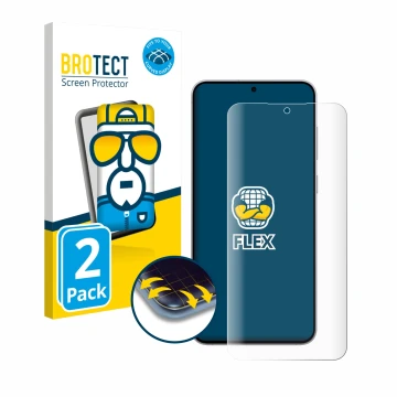 Front side of a product packaging with the brand logo BROTECT. Next to it is the device Samsung Galaxy S25 FE shown with the c