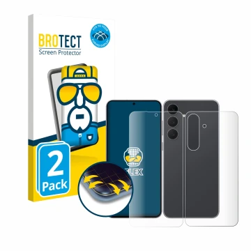 Front side of a product packaging with the brand logo BROTECT. Next to it is the device Samsung Galaxy S25 FE (Front+Back) sho