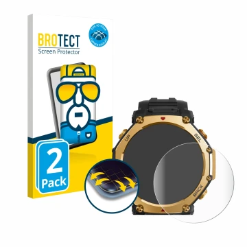 Front side of a product packaging with the brand logo BROTECT. Next to it is the device Huami Amazfit T-Rex 3 Pro (48 mm) show