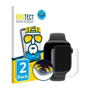 Front side of a product packaging with the brand logo BROTECT. Next to it is the device Apple Watch Series 11 (46 mm) shown wi