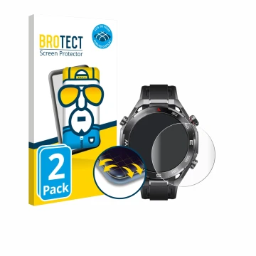 Front side of a product packaging with the brand logo BROTECT. Next to it is the device Huawei Watch Ultimate 2 Black shown wi
