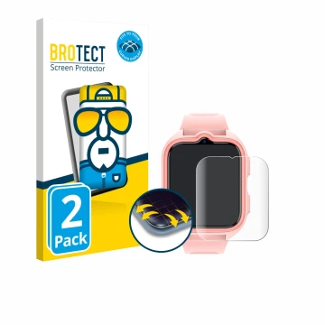 Front side of a product packaging with the brand logo BROTECT. Next to it is the device Blackview Z30 Kids Smartwatch shown wi