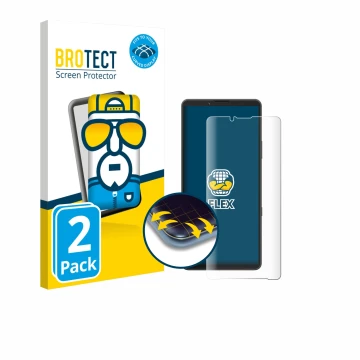 Front side of a product packaging with the brand logo BROTECT. Next to it is the device Sony Xperia 10 VII shown with the corr