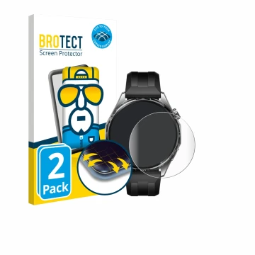 Front side of a product packaging with the brand logo BROTECT. Next to it is the device Huawei Watch GT 6 (46 mm) shown with t