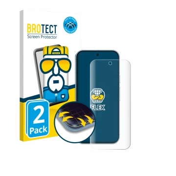 Front side of a product packaging with the brand logo BROTECT. Next to it is the device Google Pixel 9 (case-friendly) shown w