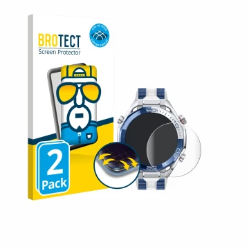 Front side of a product packaging with the brand logo BROTECT. Next to it is the device Huawei Watch Ultimate 2 Blue shown wit