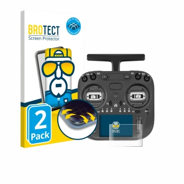 Front side of a product packaging with the brand logo BROTECT. Next to it is the device Radiomaster TX15 Max shown with the co