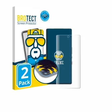 Front side of a product packaging with the brand logo BROTECT. Next to it is the device ZTE Nubia Red Magic 11 Pro+ shown with