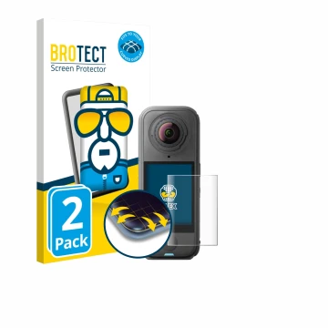 Front side of a product packaging with the brand logo BROTECT. Next to it is the device Insta360 X4 Air shown with the corresp