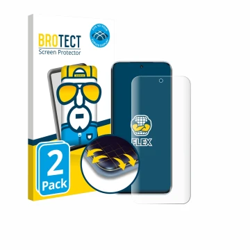 Front side of a product packaging with the brand logo BROTECT. Next to it is the device Tecno Pova Slim shown with the corresp