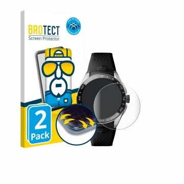 Front side of a product packaging with the brand logo BROTECT. Next to it is the device TAG Heuer Connected Calibre E5 (45 mm)