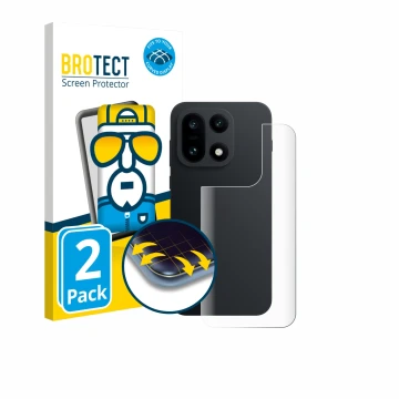 Front side of a product packaging with the brand logo BROTECT. Next to it is the device OnePlus 15 (Back) shown with the corre