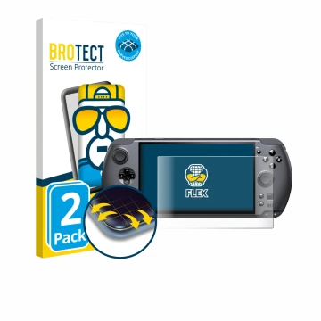 Front side of a product packaging with the brand logo BROTECT. Next to it is the device GPD Win 5 shown with the corresponding