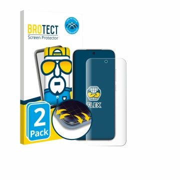 Front side of a product packaging with the brand logo BROTECT. Next to it is the device Xiaomi Poco F8 Pro shown with the corr