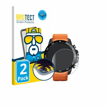 Front side of a product packaging with the brand logo BROTECT. Next to it is the device Xiaomi Mibro GS Explorer S shown with 