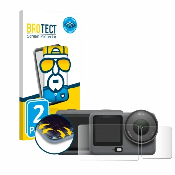 Front side of a product packaging with the brand logo BROTECT. Next to it is the device DJI Osmo Action 6 shown with the corre