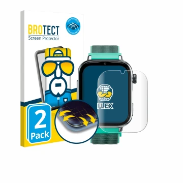 Front side of a product packaging with the brand logo BROTECT. Next to it is the device SaveFamily SaveWatch Plus 2 shown with