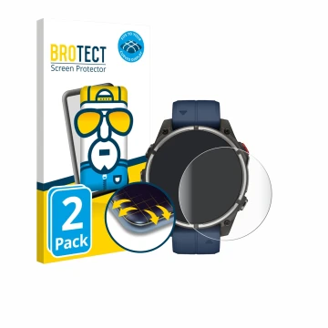 Front side of a product packaging with the brand logo BROTECT. Next to it is the device Garmin quatix 8 Pro (47 mm) shown with