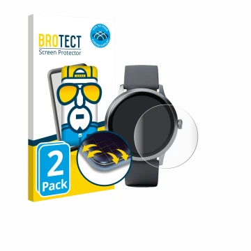 Front side of a product packaging with the brand logo BROTECT. Next to it is the device Pebble Round 2 shown with the correspo