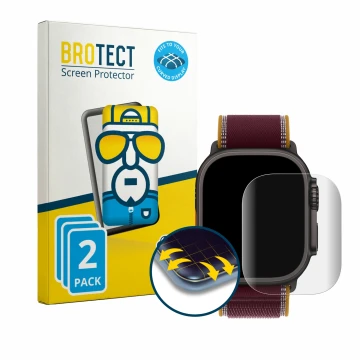 Front side of a product packaging with the brand logo BROTECT. Next to it is the device Apple Watch Ultra 4 (49 mm) shown with