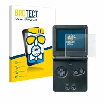 Front side of a product packaging with the brand logo BROTECT. Next to it is the device Nintendo Gameboy Advance GBA SP shown 