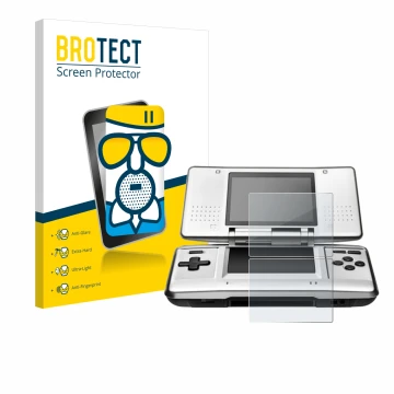 Front side of a product packaging with the brand logo BROTECT. Next to it is the device Nintendo DS shown with the correspondi