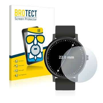 Front side of a product packaging with the brand logo BROTECT. Next to it is the device Watches (Circular, ø: 22 mm) shown wit
