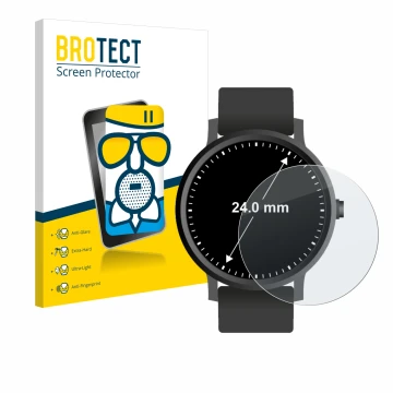 Front side of a product packaging with the brand logo BROTECT. Next to it is the device Watches (Circular, ø: 24 mm) shown wit