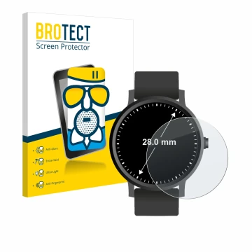 Front side of a product packaging with the brand logo BROTECT. Next to it is the device Watches (Circular, ø: 28 mm) shown wit