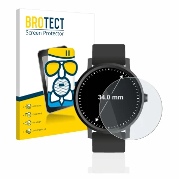 Front side of a product packaging with the brand logo BROTECT. Next to it is the device Watches (Circular, ø: 34 mm) shown wit