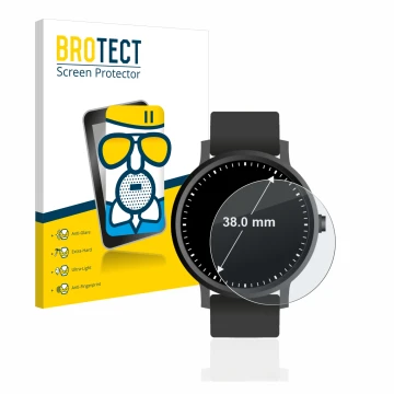 Front side of a product packaging with the brand logo BROTECT. Next to it is the device Watches (Circular, ø: 38 mm) shown wit