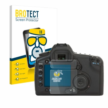 Front side of a product packaging with the brand logo BROTECT. Next to it is the device Canon EOS 5D shown with the correspond
