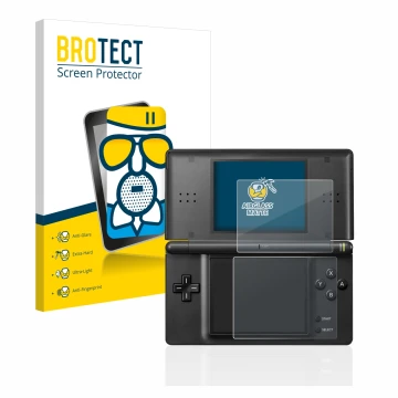 Front side of a product packaging with the brand logo BROTECT. Next to it is the device Nintendo DS LITE shown with the corres