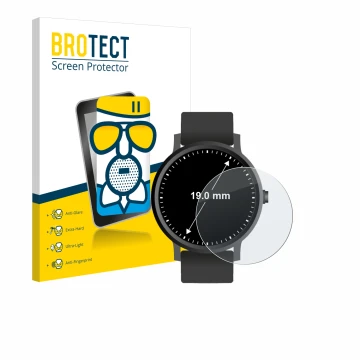 Front side of a product packaging with the brand logo BROTECT. Next to it is the device Watches (Circular, ø: 19 mm) shown wit