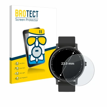 Front side of a product packaging with the brand logo BROTECT. Next to it is the device Watches (Circular, ø: 23 mm) shown wit