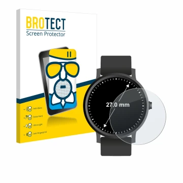 Front side of a product packaging with the brand logo BROTECT. Next to it is the device Watches (Circular, ø: 27 mm) shown wit