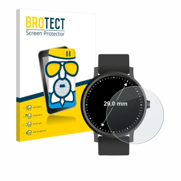 Front side of a product packaging with the brand logo BROTECT. Next to it is the device Watches (Circular, ø: 29 mm) shown wit