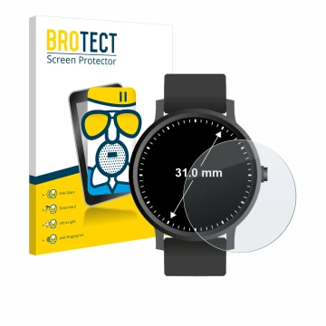 Front side of a product packaging with the brand logo BROTECT. Next to it is the device Watches (circular, ø: 31 mm) shown wit