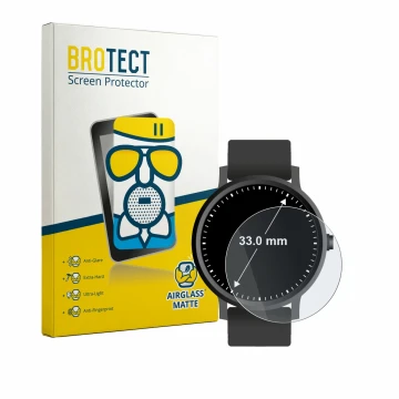 Front side of a product packaging with the brand logo BROTECT. Next to it is the device Watches (Circular, ø: 33 mm) shown wit