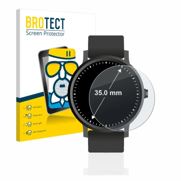 Front side of a product packaging with the brand logo BROTECT. Next to it is the device Watches (Circular, ø: 35 mm) shown wit