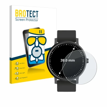 Front side of a product packaging with the brand logo BROTECT. Next to it is the device Watches (Circular, ø: 39 mm) shown wit