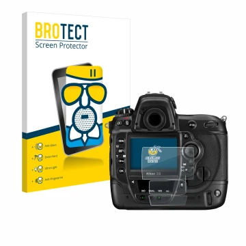 Front side of a product packaging with the brand logo BROTECT. Next to it is the device Nikon D3 shown with the corresponding 