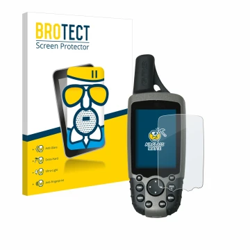 Front side of a product packaging with the brand logo BROTECT. Next to it is the device Garmin GPSMAP 60CSx shown with the cor