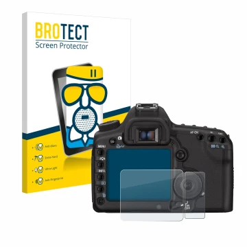 Front side of a product packaging with the brand logo BROTECT. Next to it is the device Canon EOS 5D Mark II shown with the co