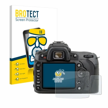 Front side of a product packaging with the brand logo BROTECT. Next to it is the device Nikon D90 shown with the corresponding