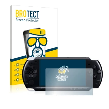 Front side of a product packaging with the brand logo BROTECT. Next to it is the device Sony PSP 3004 shown with the correspon