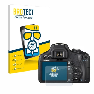 Front side of a product packaging with the brand logo BROTECT. Next to it is the device Canon EOS 500D shown with the correspo