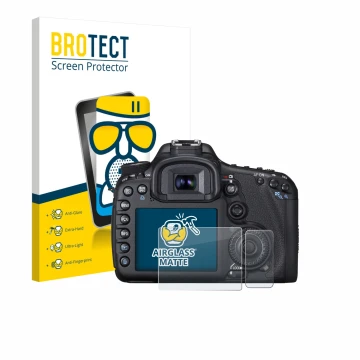 Front side of a product packaging with the brand logo BROTECT. Next to it is the device Canon EOS 7D shown with the correspond