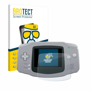 Front side of a product packaging with the brand logo BROTECT. Next to it is the device Nintendo Gameboy Advance GBA shown wit